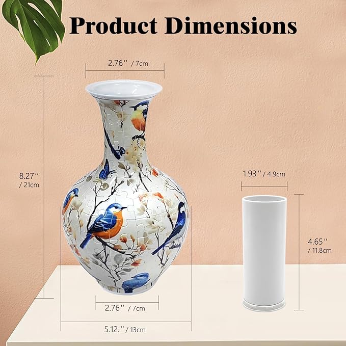 3D Puzzle Vase, 160 Curved Pieces DIY Flower Vase Craft Kit & 3D Puzzles for Adults, Creative Jigsaw Art Project Home Décor Centerpiece, for Women, Mom (White Birds & Blossoms)