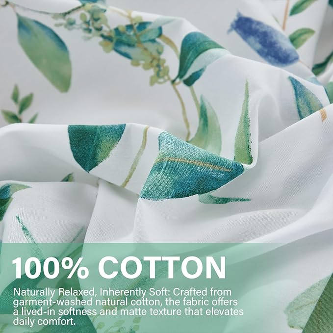 Botanical 100% Cotton Duvet Cover Queen Size - 3Pcs Mint Green Printed with Sage & Emerald Leaves on White,Reversible Lightweight and Soft Bedding Sets