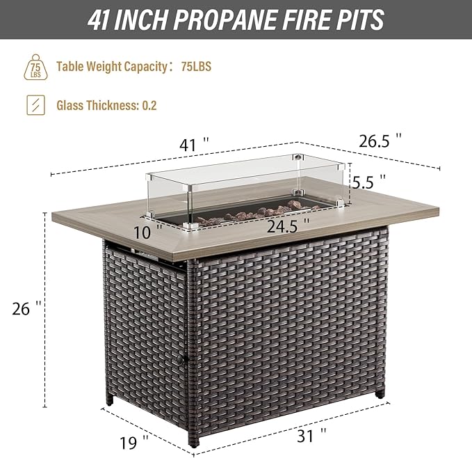 Belord 50000 BTU Propane Fire Pit Table with Lid and Lava Rock, 41 inch Rectangular Outdoor Firepit Wicker Furniture, Fireplace Table Perfect for Relaxed Outside Patio Backyard Ambiance, Brown