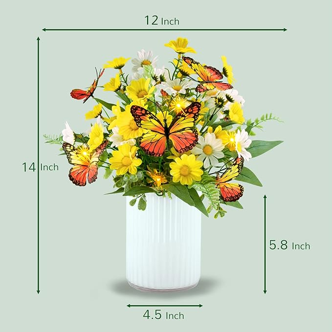 HOSY Artificial Daisy Bouquet in Glass Vase with Fairy Lights, Silk Flower and Butterfly Arrangements for Table Centerpiece Decoration (Daisy)