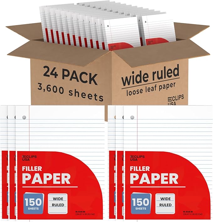 Wide Ruled Loose Leaf Paper Wide Ruled Notebook Paper Lined Writing Filler Paper 10.5” x 8” 56 gsm 3600 Sheets 150 Sheet Per Pack (24 Pack)
