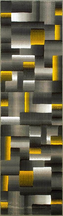 HR Runner Rug in Orangish Yellow - Premium Quality Orangish Yellow/Black/Gray Abstract Geometric Modern Squares Pattern Area Rug - Contemporary Styling for Hallway Entryway