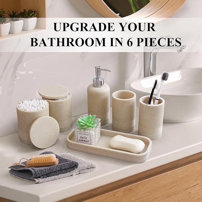 LIN CHUAN 6-Piece Bathroom Accessories Set, Bathroom Accessory Set with Soap Dispenser, Toothbrush Holder Set, Vanity Tray, Tumbler & 2 Cotton Swab Jars, Modern Stylish Bathroom Organizer(Beige)