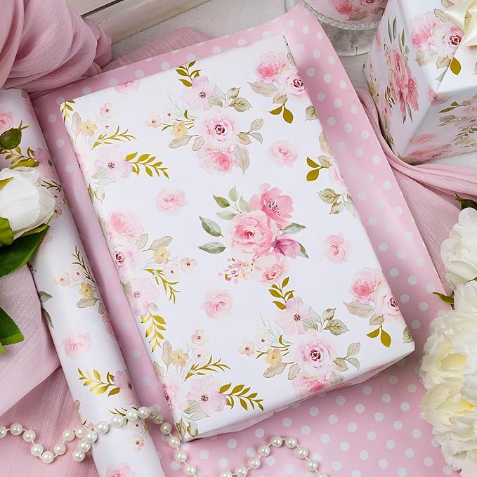 Burymento Pink Flower Wrapping Paper, Reversible Pink Wave Point Gift Wrap for Birthday, Valentines, Mothers day, Graduation, Wedding, Fathers day, Baby Shower, Christmas (17in x 32.8ft)