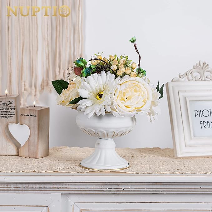 Nuptio Pcs of 10 Mini Sized Metal Urn Planter Elegant Wedding Centerpieces Vase for Wedding Party Decoration, 12.6cm/4.96" Tall Trumpet Vase Flower Holder for Anniversary Ceremony, White
