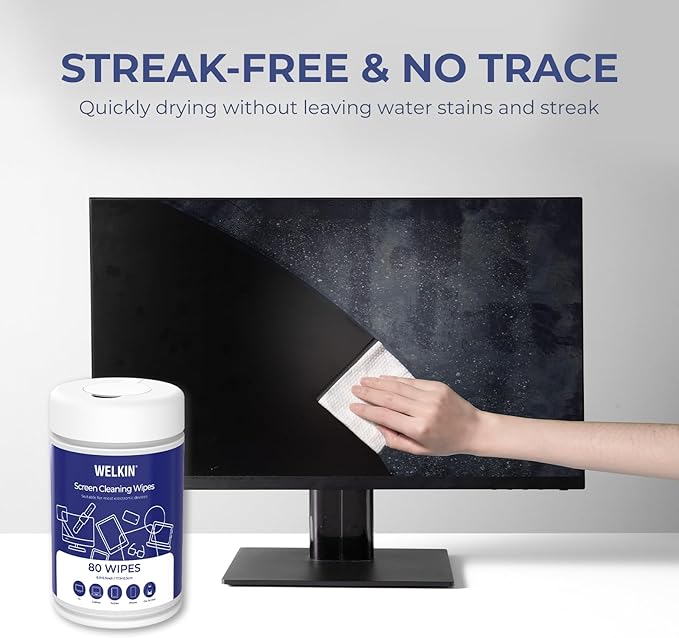 WELKIN 80 * 2 Electronics Cleaning Wipes - Non Toxic Screen Cleaner, Streak Free Touchscreen Cleaning for All Phones, Laptop, Computer, TV and Car，2 X Microfiber Cloth Included