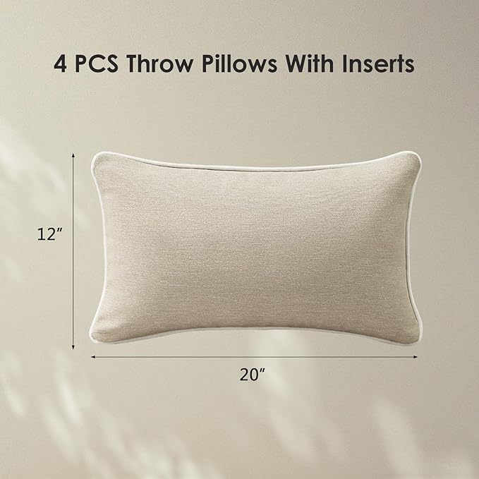 Unimatta Decorative Outdoor Water Repellent Throw Pillows with Inserts, Set of 4, 20" x12" Pillows for Patio, Backyard, Bed, Couch, and Patio Furniture, Tan