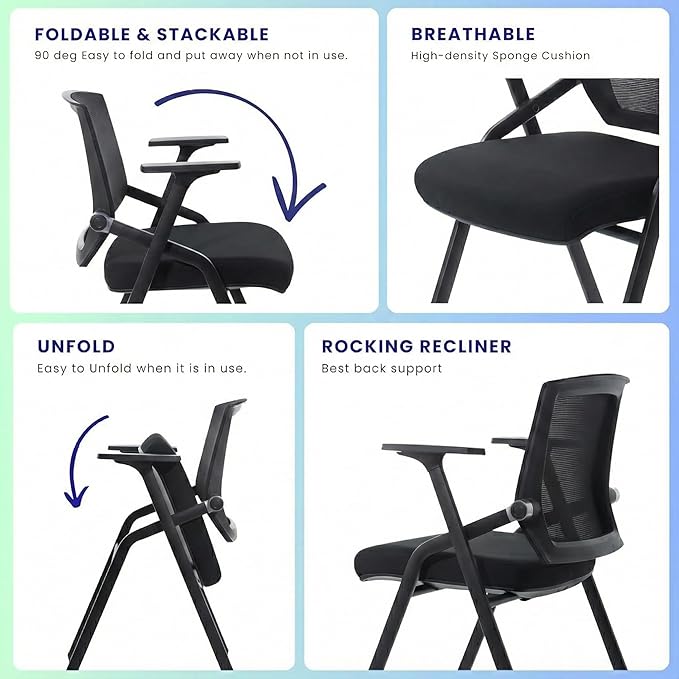 16 Pack Stackable Conference Room Chairs with Paddle Folding Office Chair Foldable Desk Chair Mesh Back and Arms for Conference Meeting Guest Reception Home Office Training Room Chair Black