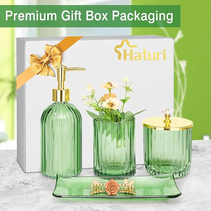 Haturi Bathroom Accessories Set, 4 Pcs Green Glass Bathroom Accessory Set Complete w/Lotion Soap Dispenser, Toothbrush Holder, Qtip Holder, Vanity Tray, Gold Bathroom Decor, Gift for Home Apartment