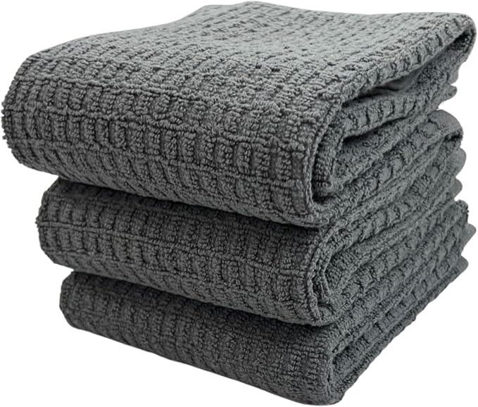 Waffle Grey Kitchen Dish Towels 100% Cotton Cloth Soft Cleaning Drying Absorbent Terry Box Loop: Set of 3 Multipurpose for Everyday Use (Grey Box)