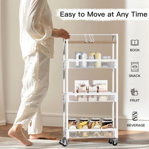 DGSNADGO Slim Rolling Storage Cart - 4-Tier Utility Cart with Handle & Wooden Top | Beige & White
