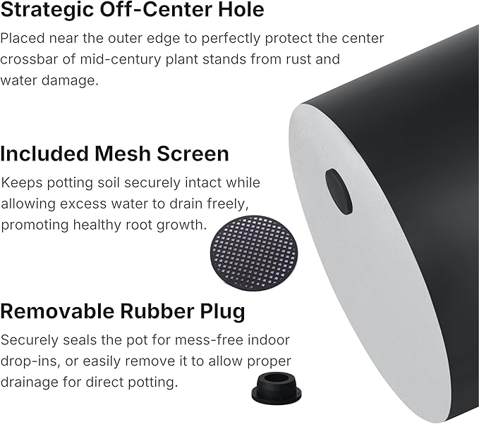 FaithLand 12 Inch Fiberstone Planter - Lightweight Modern Cylinder Plant Pot with Drainage Hole & Plug, Indoor Outdoor Use, Matte Black