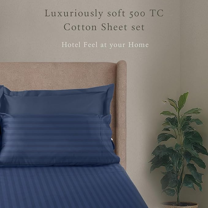 Threadmill 500 Thread Count Twin Size Damask Stripe, 3 Pc Luxury Cotton Bedding Set, Breathable Folkstone Blue Sheets with 15" Elasticized Deep Pocket, 1 Pillowcase & Free Tote Bag