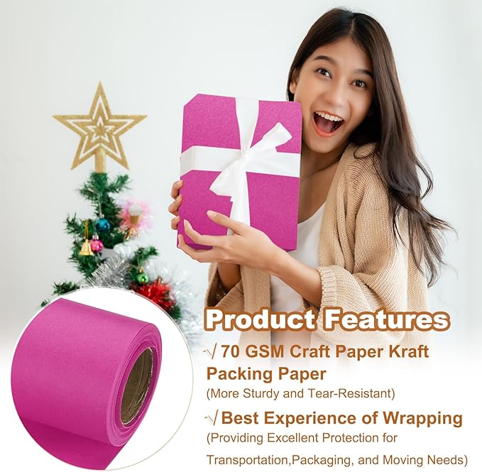 PATIKIL Wrapping Paper, 15" x 300"(25') 70 GSM Craft Paper Roll Kraft Packing Paper for Poster Bulletin Board, Gift Wrapping, Rose Pink