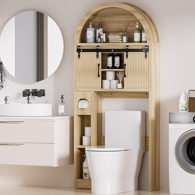 Spurgehom Over The Toilet Storage Cabinet, Bathroom Shelf Organizer Freestanding, Bathroom Arch Cabinet Over Toilet with Toilet Paper Holder and Anti-Tipping Device (Two Sliding Door-Wood)
