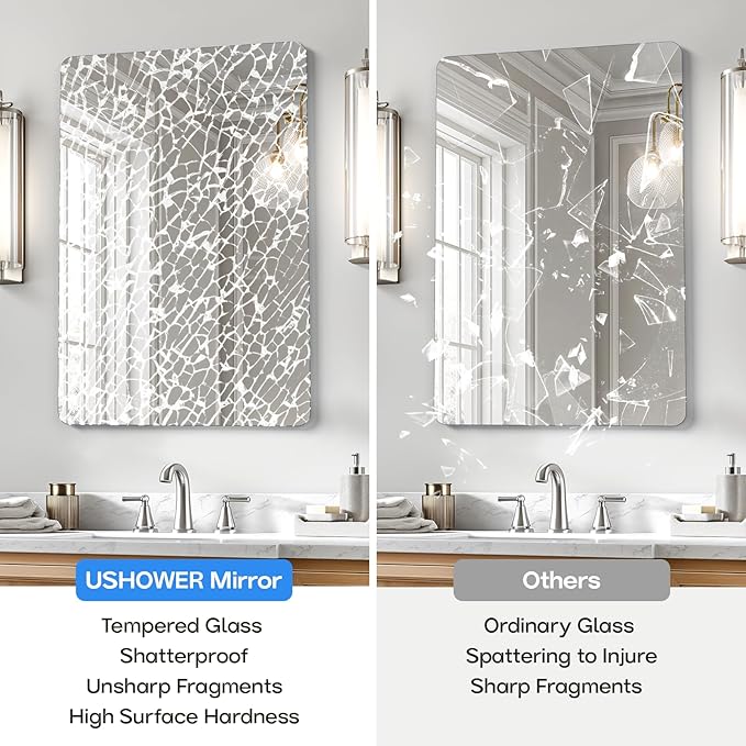 USHOWER 2-Pack Frameless Bathroom Mirror 20X30 Inch, Rectangle Wall Vanity Mirror for Over Sink, Bathroom, Bedroom, Entryway, Polished Edge, Tempered Glass