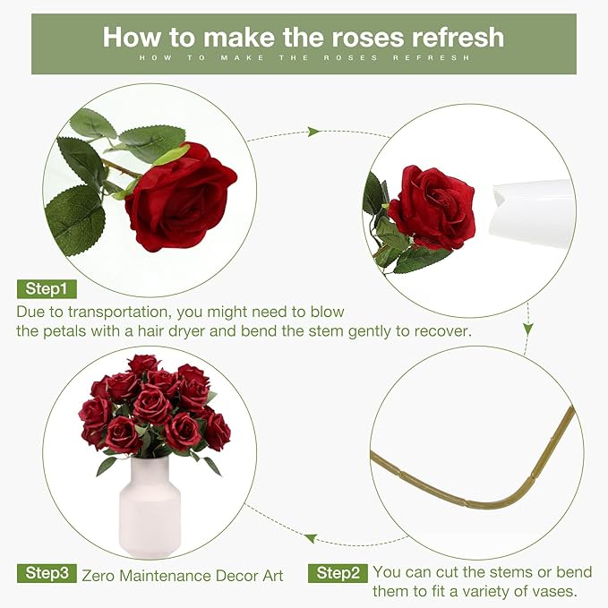 30 Pcs Rose Artificial Flowers in Bulk Real Touch Long Stem Silk Roses Bouquets Realistic Faux Flowers for Wedding Bridal Shower Home Decor Floral Arrangements Table Centerpiece(Burgundy)