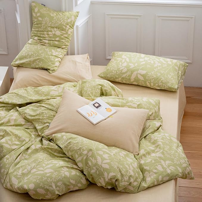 EAVD Garden Style Duvet Cover King Soft 100% Cotton Chic Shabby Botanical Pattern Print Sage Green Bedding Set with 2 Pillowcases Fresh Floral Comforter Cover Set