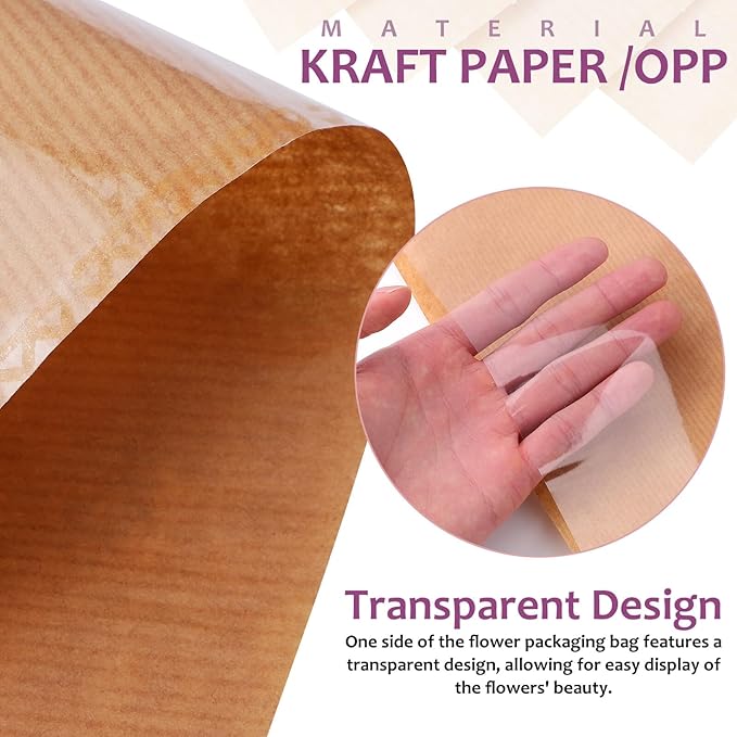 GALPADA Kraft Paper Floral Bag Floral Wrapping Paper Ribbons Sturdy Bouquet Wrapping Bags for Easy Flower Packaging