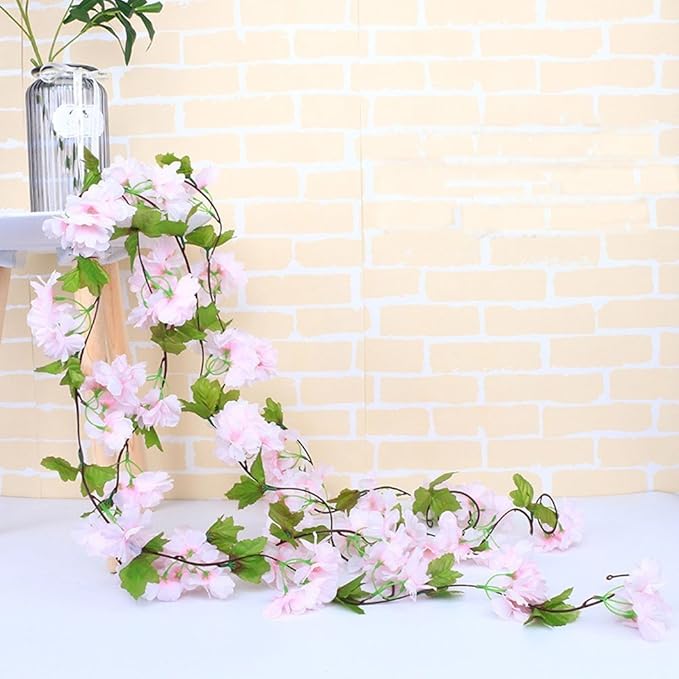 2Pcs Artificial Cherry Blossom Flower Garland Silk Fake Hanging Flower Vines for Home Wedding Decoration 7.2FT, Light Pink