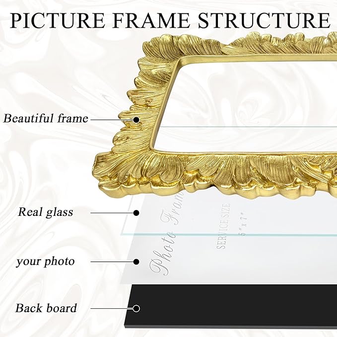 5x7 Vintage Picture Frame Gold, Ornate Leaves Photo Frame with Glass Front, Elegant Picture Frame for Wall or Tabletop Display, Gift ldeas for Home Decor