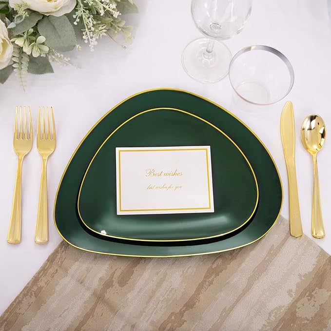 DaYammi 180Pcs Green Plastic Plates, Green Gold Disposable Plates with Gold Silverware Dinnerware Set Include: 30 Dinner Plate,30 Dessert Plate,90 Plastic Cutlery,30 Cups for Christmas Party Holiday