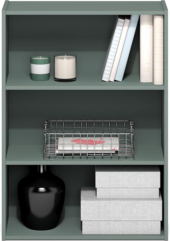 Furinno PASIR Book Shelf, 3-Tier Bookshelf, Bookcase, 9.7" x 23.7" x 31.5", for Living Room, Bedroom, Home Office, Sage Green