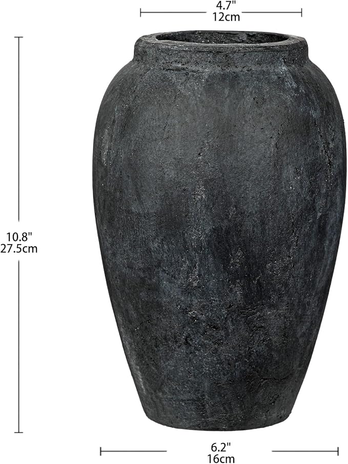 Handcrafted Flower Vase, 10.5" Tall Terracotta Vintage Black Ceramic Vases, Rustic Antique Vase Décor, Wide Mouth, Matte Finish for Home Office Resto Café Décor