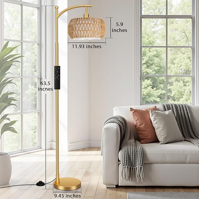 Ambimall Arc Floor Lamp for Living Room with Remote, Color Temperature & Brightness Adjustable, Bohemia Standing Lamp with Rattan & Fabric Double Drum Shades, Bulb Included(Gold)
