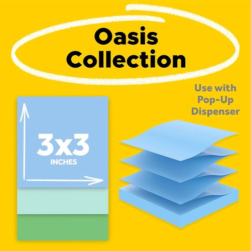 Post-it Super Sticky Pop-Up Notes - 100% Recycled Oasis Collection | 3 in. x 3 in., 70 Sheets, 18 Pads