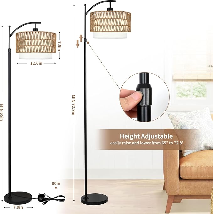 ZECOXOL Arc Floor Lamp for Living Room Boho Floor Lamps with Remote Control & with 3 Color Temperatures,Rattan Wicker Standing Lamp Dimmable Tall Floor Lamp for Bedroom Living Room Corner