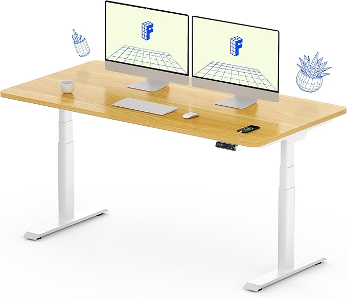 FLEXISPOT E6 Pro Oval Leg Dual Motor 3 Stages Standing Desk 55x28 Inch Whole-Piece Board Electric Height Adjustable Electric Sit Stand Up Desk 150KG Load Capacity (White Frame + Maple Desktop)