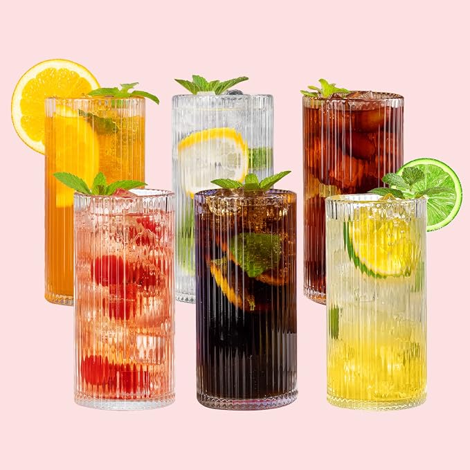 Ribbed Glassware Vintage Drinking Glasses 6Pcs -13OZ Clear Ribbed Drinking Glasses For Coffee, Cocktails, Smoothies, Juice, Beer, Water - Dishwasher Safe Lead-Free - Christmas Thanksgiving Gifts