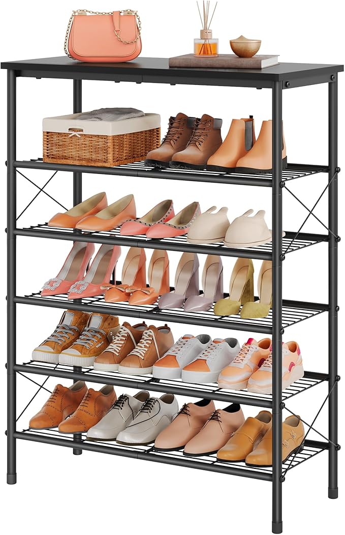 Tajsoon 6 Tier Shoe Rack Organizer for 20-24 Pairs of Shoes, Metal Mesh Shoe Shelf for Closet, Industrial Shoe Rack for Entryway Shoe Storage with X Shape Fixed Frame, Black
