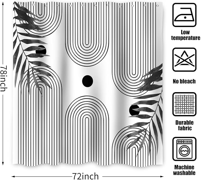 Boho Mid Century Modern Shower Curtain, Abstract Arch Leaf Minimalist Sun Black and White Machine Washable Waterproof Fabric for Bathroom Decor Bathtub with Hooks 72Wx78H