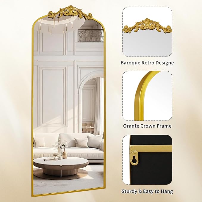 71" x 30" Gold Arch Full Length Mirror, Vintage Ornate Baroque Floor Mirror with Decorative Crown, Large Arched Wall Mounted Dressing Mirror for Bedroom, Living Room, Entryway