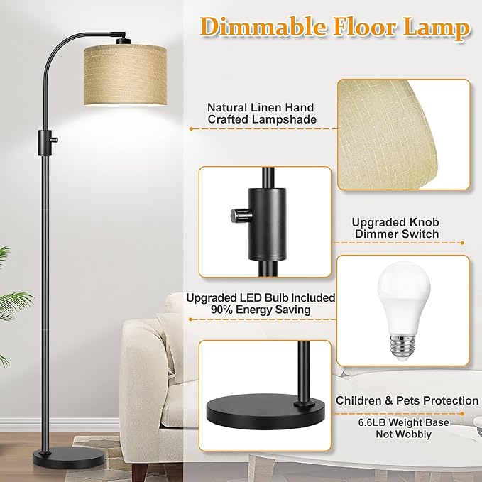 Nintiue Upgraded Modern Arc Dimmable Tall Standing Floor Lamp with Champagne Shade, 1200 Lumens LED Bulb Included, for Living & Reading Room, Bedroom, Office & Nursery, Black