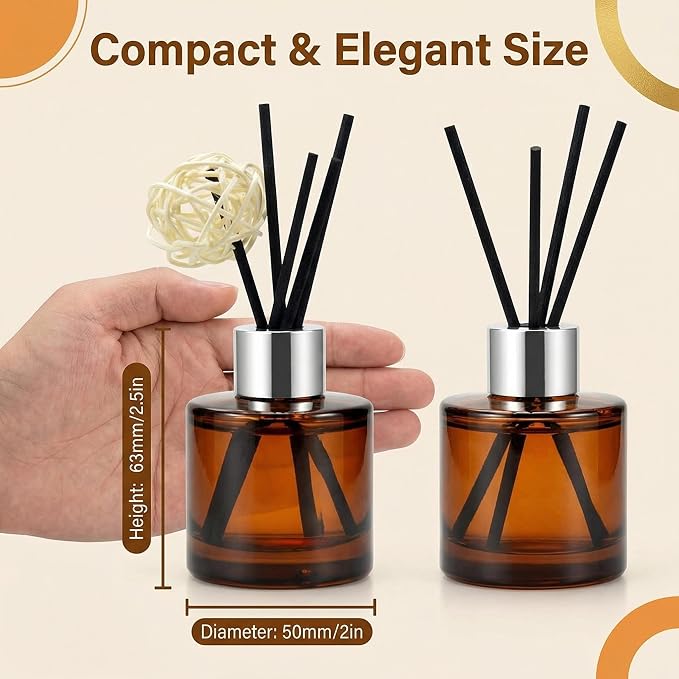 2PCS 50ml/1.6oz Glass Diffuser Bottles, Amber & Brown, Aromatherapy Storage Containers, Fragrance Accessories, DIY Replacement Diffuser Sticks, Home Decor
