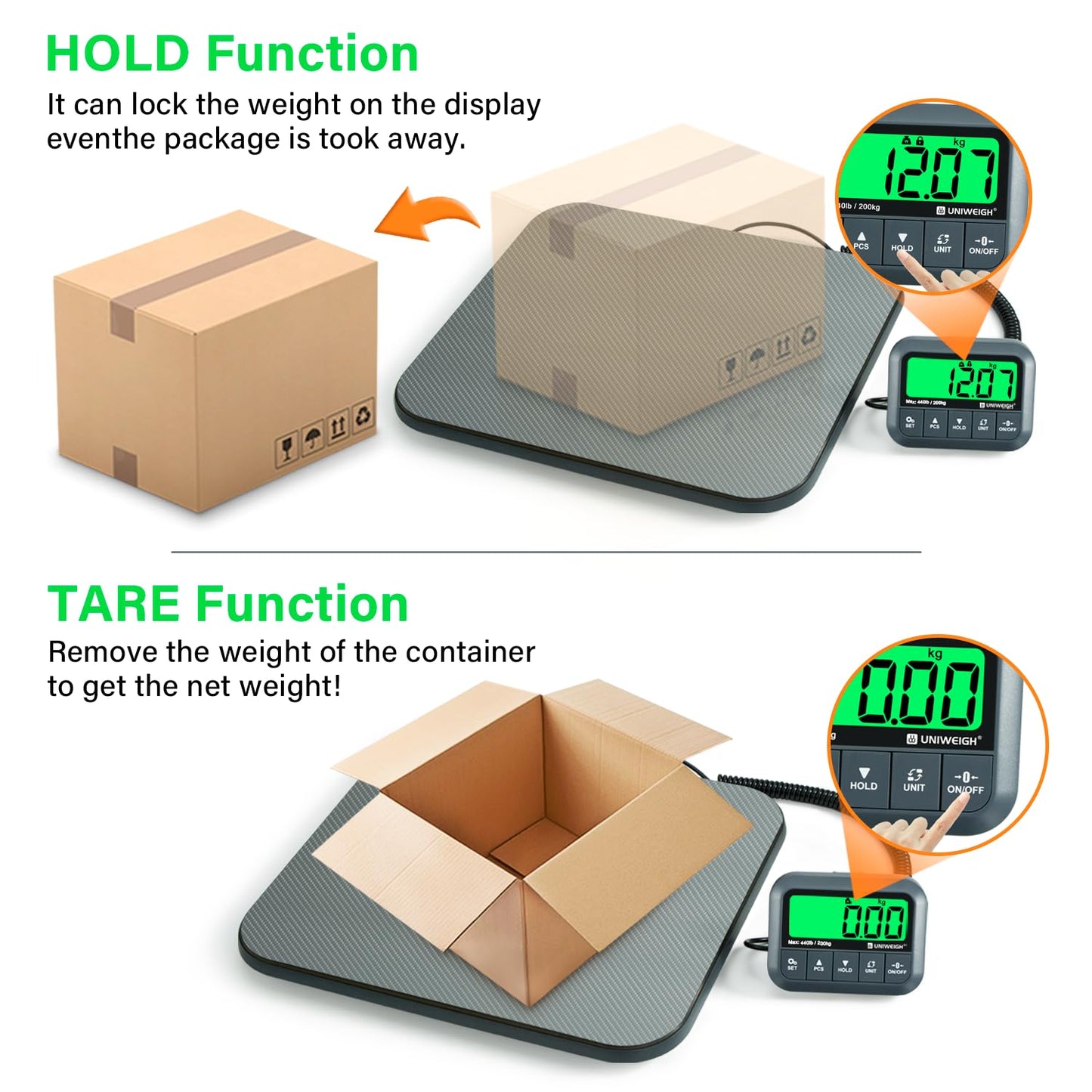 UNIWEIGH Digital Postal Scale - High Accuracy 440lb Shipping Scale with Hold/Tare/Count Features - Grey