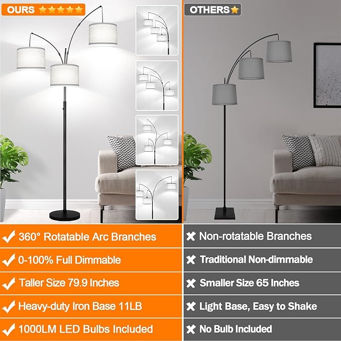 Dimmable Floor Lamp, 3 Lights Black Arc Floor Lamp, Modern Tall Standing Tree Lamp with Grey Linen Shades & Heavy Base, 3000LM LED Bulbs, Bright Lighting for Living Room, Bedroom, Office & Reading