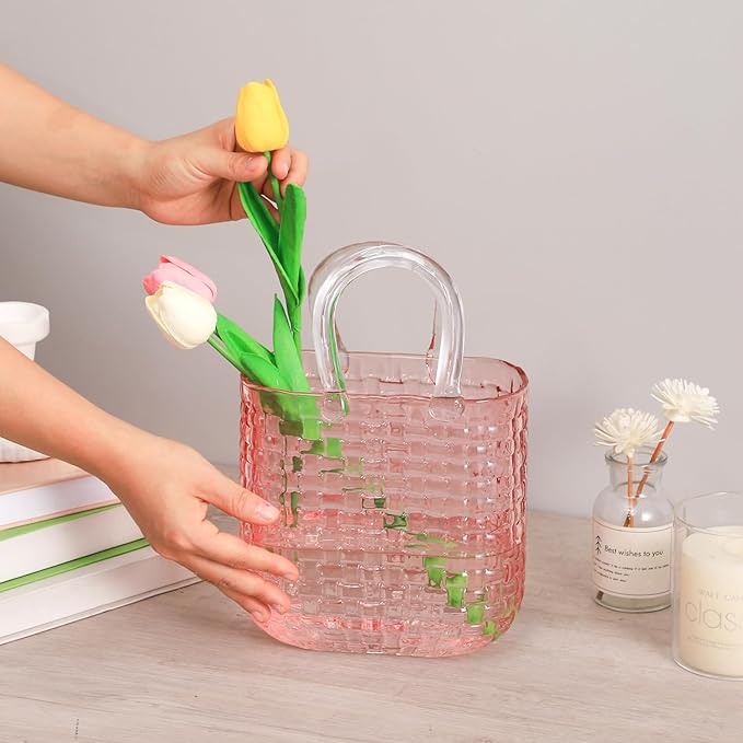 Glass Purse Vase for Flowers, Pink Purse Flower Vase, Large Glass Bag Vases, 10 Inch Handbag Shaped Vases for Home, Living Room, Bedroom, Table, Office Decor