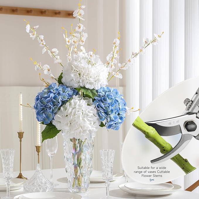 4Pcs Hydrangea Artificial Flowers, 22.44" Real Touch Latex Faux Hydrangea with Long Stems & Leaves for Home Office Decor or Wedding, Party, Centerpieces, Floral Arrangements (Blue)