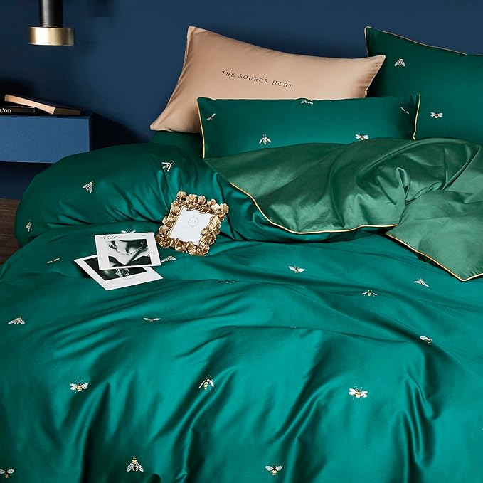 mixinni Dark Green Duvet Cover Full Size, 100% Long Staple Cotton Honeybee Floral Pattern 3pc Bedding Duvet Cover Set with Zipper Ties 2 Pillowcases Perfect for Him and Her-Full Size