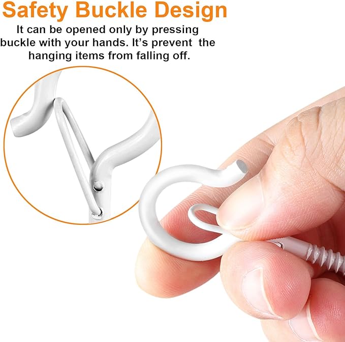 FSAH 96 PCS Q-Hanger Hooks, Screw Hooks for Outdoor String Lights, Safety Buckle Design Cup Eye Hook for Hanging Christmas Lights, Plants, Mounted on Wall Ceiling, Include 1 Wing Nut Driver, White