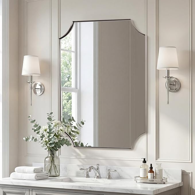 ANDY STAR Brushed Nickel Mirror 28"x36", Scalloped Bathroom Mirror, Modern Silver Framed Mirror in Anti-Rust Stainless Steel Metal Thin Frame Deep 1", Wall Mount Vertical or Horizontal