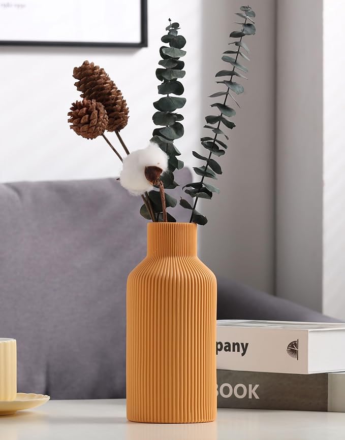 Ceramic Vase for Decor,Minimalist Modern Farmhouse Decorative,Small Flower Vase for Pampas Grass,Table,Shelf Bookshelf Decor,Mantel,Entryway Decoration and Centerpieces(8 inch,Orange)