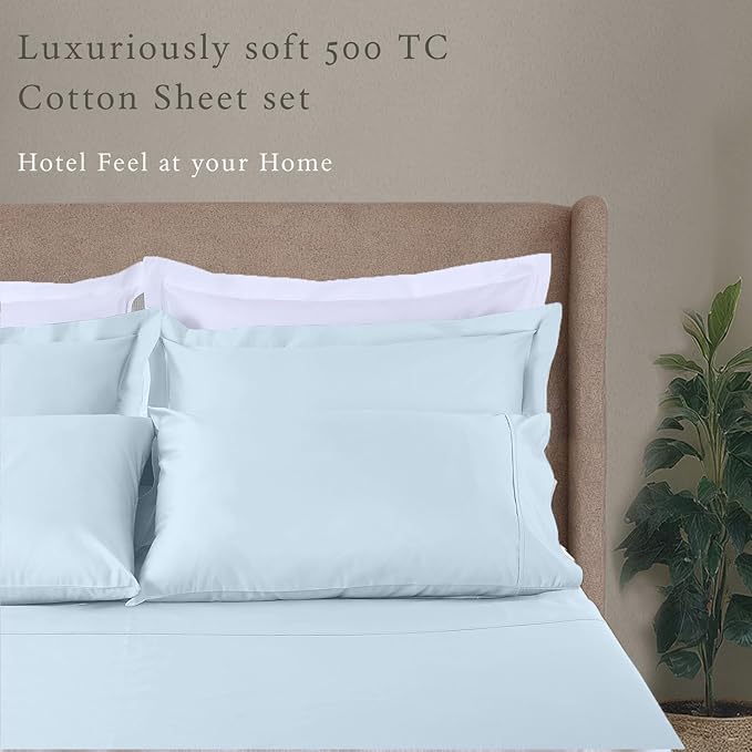Threadmill Cotton Queen Sheet Set, 500 Thread Count Bed Sheets, 100% Cotton Sheets Set for Queen Size Bed, Smoother Than Egyptian Cotton Claims, 4 Pc Set with Deep Pockets, Light Blue