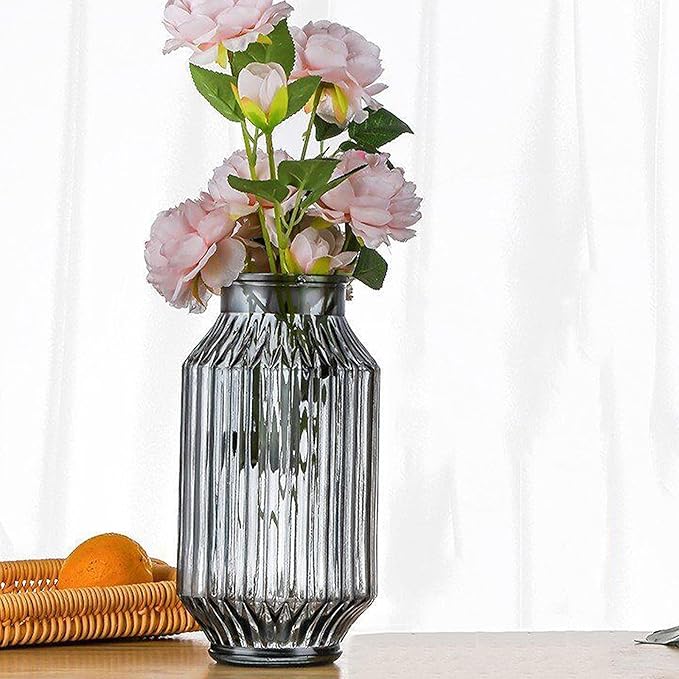 Flower Vase,Glass Vase,9.2 inch,Vintage Clear Ribbed Glass Vase for Home Decor,Bookshelf,Dinner Table,Indoor Office Desktop,Meeting Room,Home Christmas Day Decoration