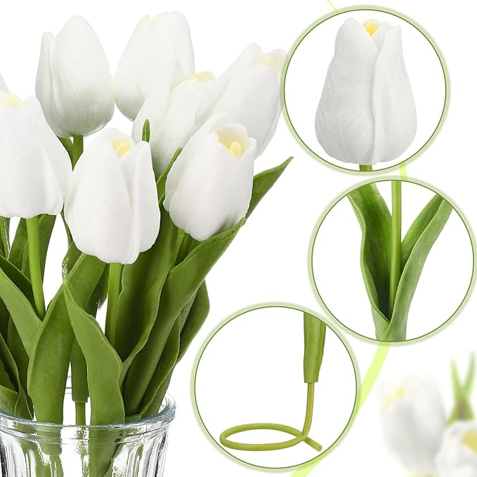 Janinka 60pcs Artificial Tulip Flowers Fake PU Tulips Faux Latex Bouquet Flower Centerpieces Arrangement Floral for Mother Day Wedding Spring Decorations (White)