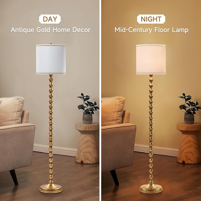 EUO 64.5" Gold Floor Lamp for Living Room, Gold Bamboo Floor Lamps for Bedroom, Tall Skinny Lamp for Home Decor, Mid Century Antique Floor Lamps with White Lampshade